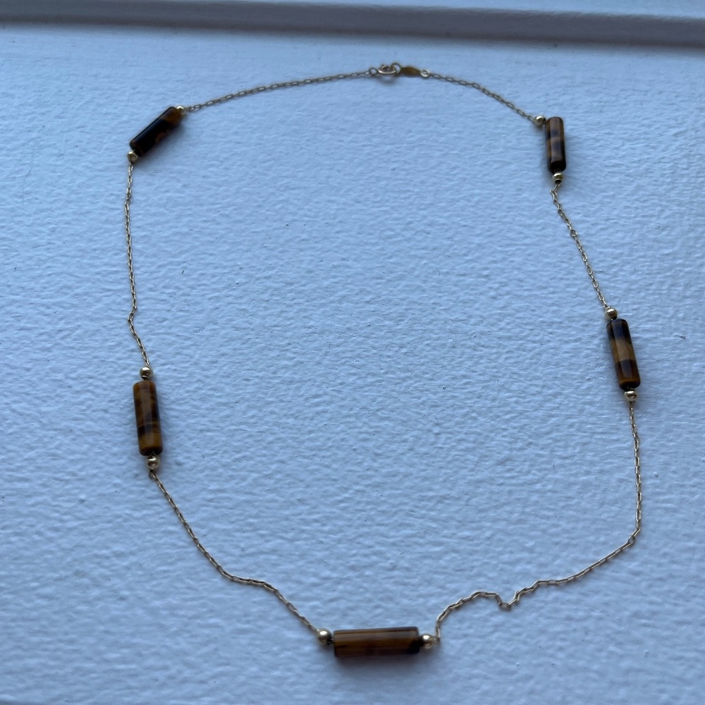 Vintage 14K Yellow Gold & 14K Yellow Gold Chain Tiger Eye 15 3/4"Choker Necklace